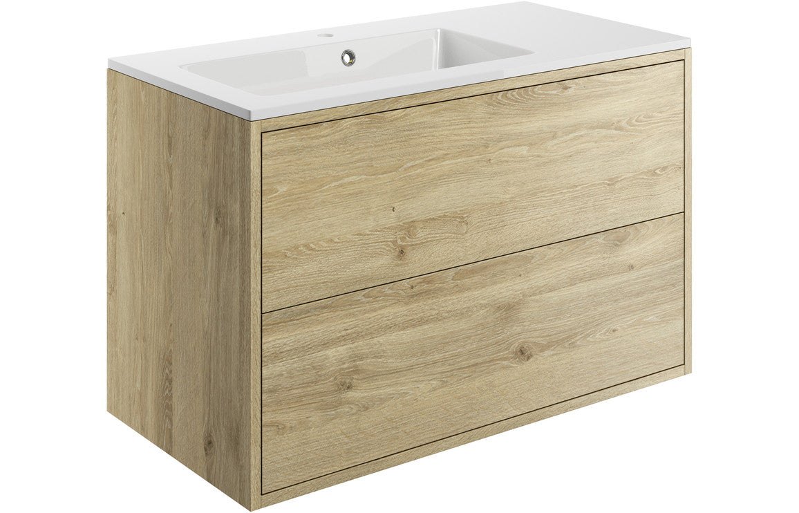 Palas 900mm 2 Drawer Wall Hung Basin Unit Inc. Basin - Havana Oak