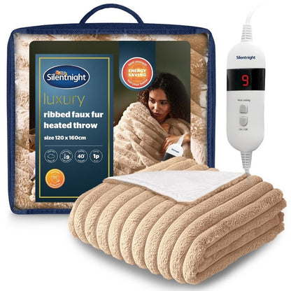 Silentnight Luxury Faux Fur Ribbed Heated Throw Natural