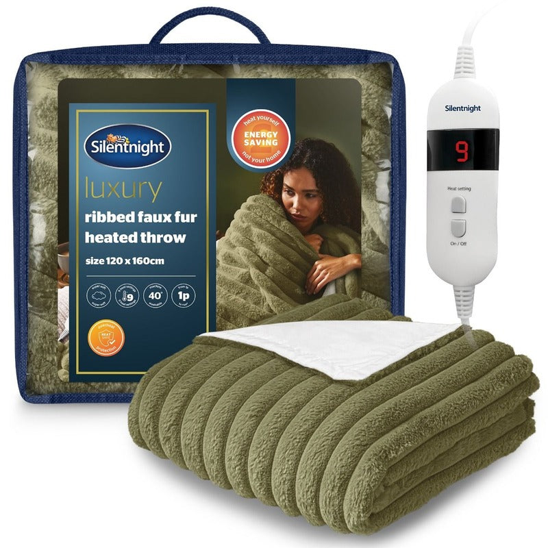 Silentnight Luxury Faux Fur Ribbed Heated Throw Olive