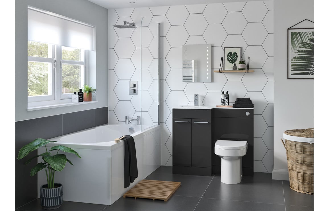 Vesta 1100mm Floor Standing L-Shape Pack & Basin (RH) - Grey Gloss